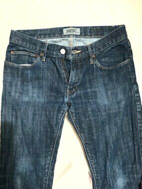 WESC Mens Slim Fit Blue Denim Jeans  Alessandro With Yellow Logo Patch